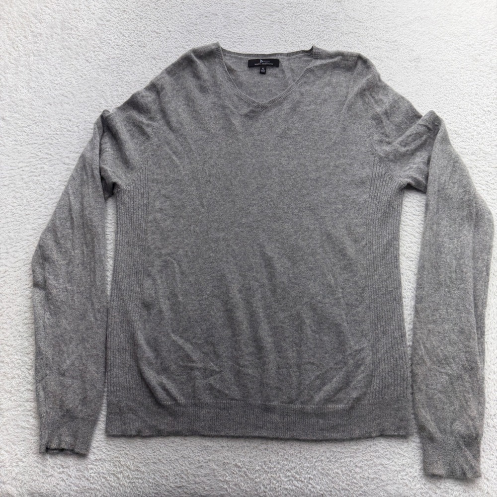 Marc Anthony Mens 100% Cashmere V-Neck Sweater Heather Gray XL Ribbed Sides